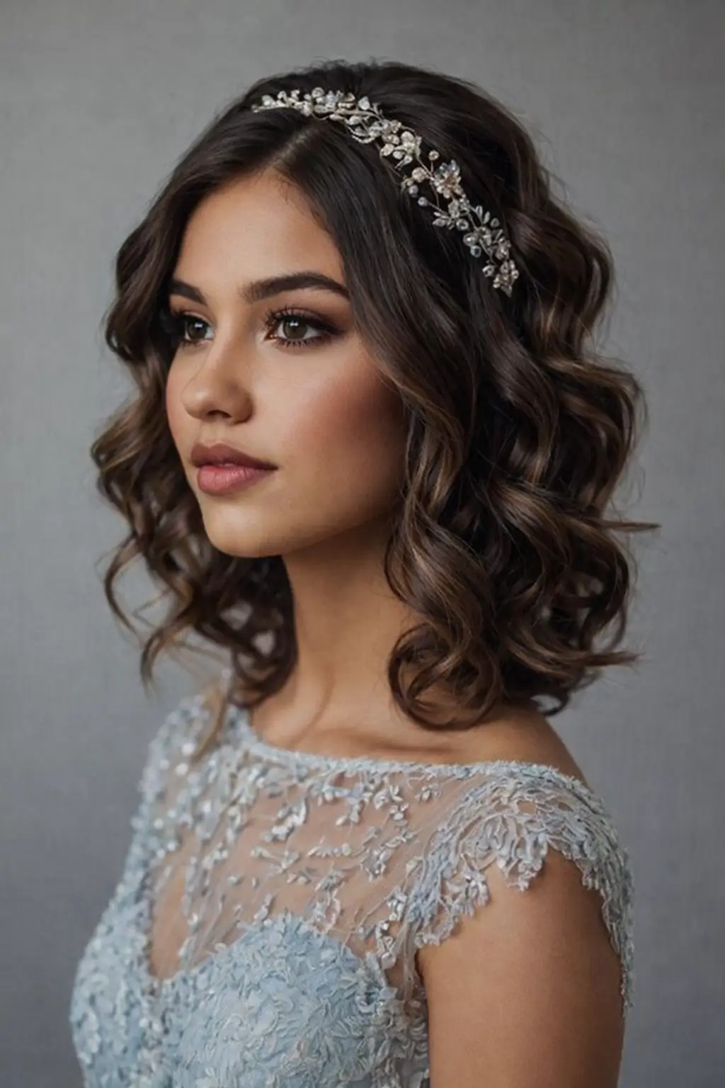 Peinado para quinceañera para cabello corto con ondas y accesorios